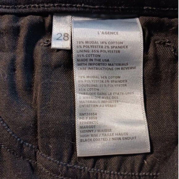 L’Agence Marguerite Skinny Pants Size 28"W X 26" Inseam Black Coated High Waist - Picture 7 of 8